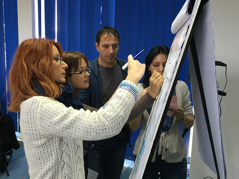 Participanți dezvoltând împreună o idee la flipchart